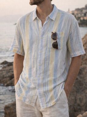 100% Linen Pastel Striped Short Sleeve Button Down Shirt XL Coastal Modern Fit